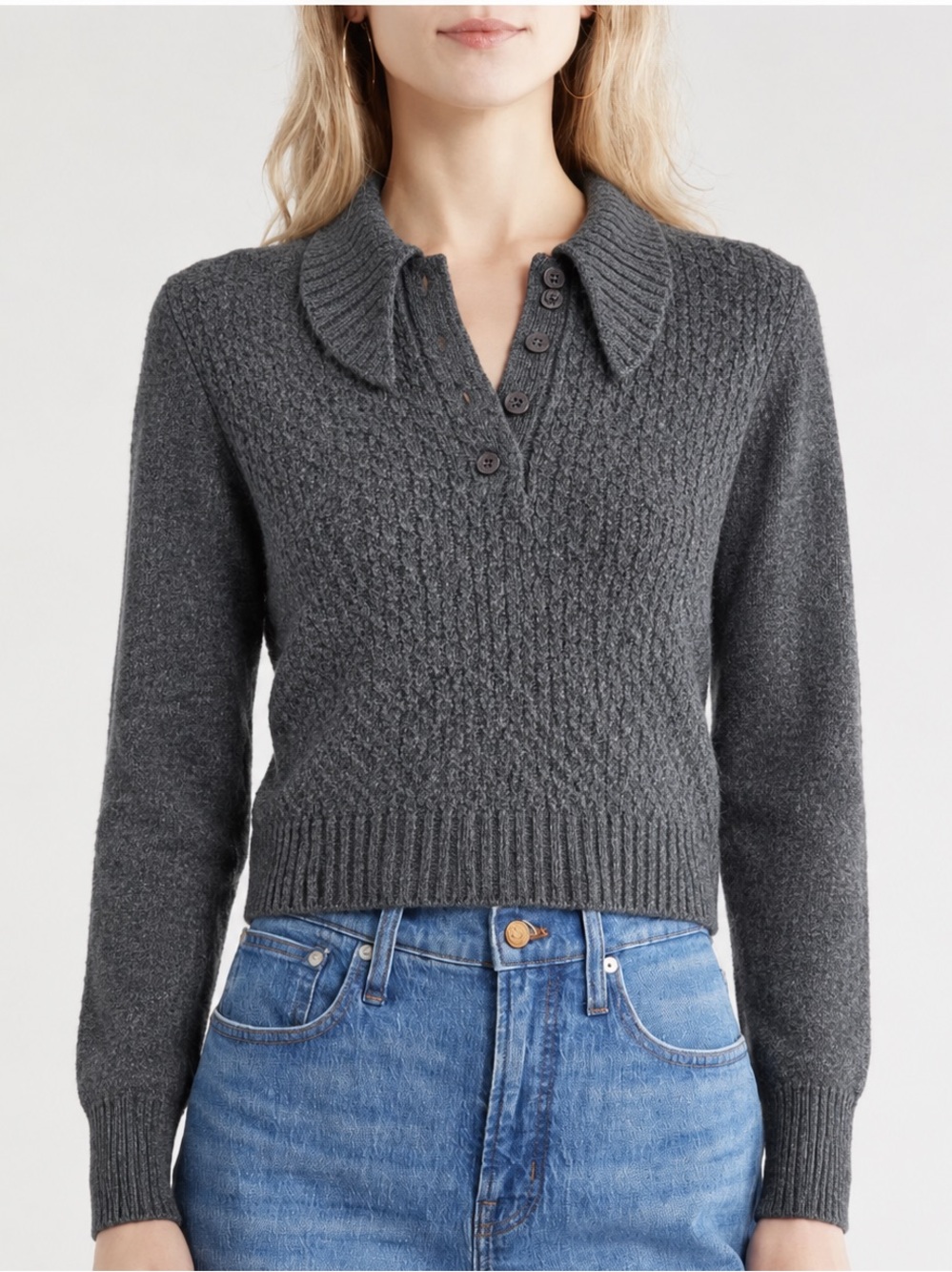 FRAME Womens Gray Wool Cashmere Polo Collar Long Sleeve Knit Luxury Sweater M